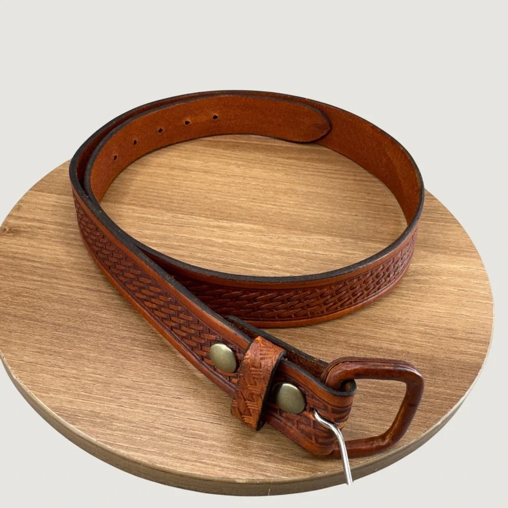 Unbranded Basketweave Leather Belt 34 Brown Western‎ Cowboy Tooled Boho Rugged